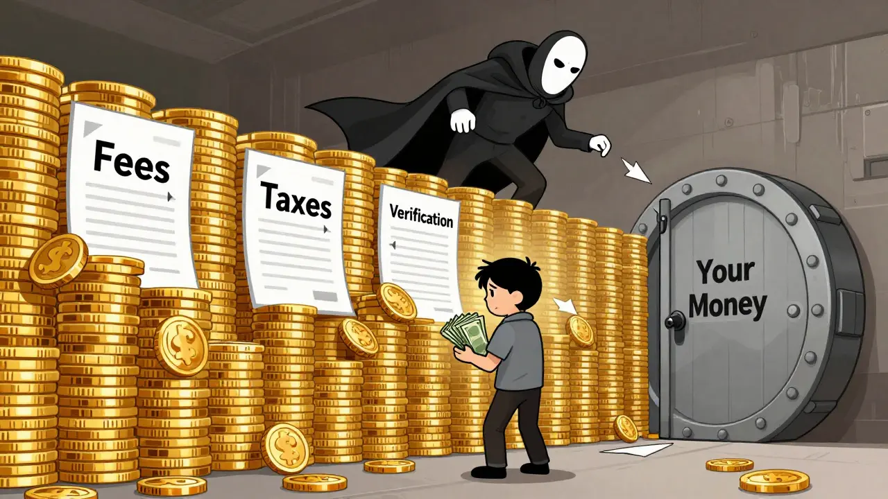 Cartoon of victim blocked by wall of fees trying to access locked crypto funds.