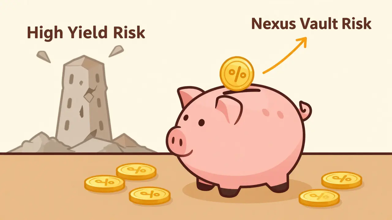 Cartoon piggy bank representing modest passive crypto earnings with a steady growth chart.