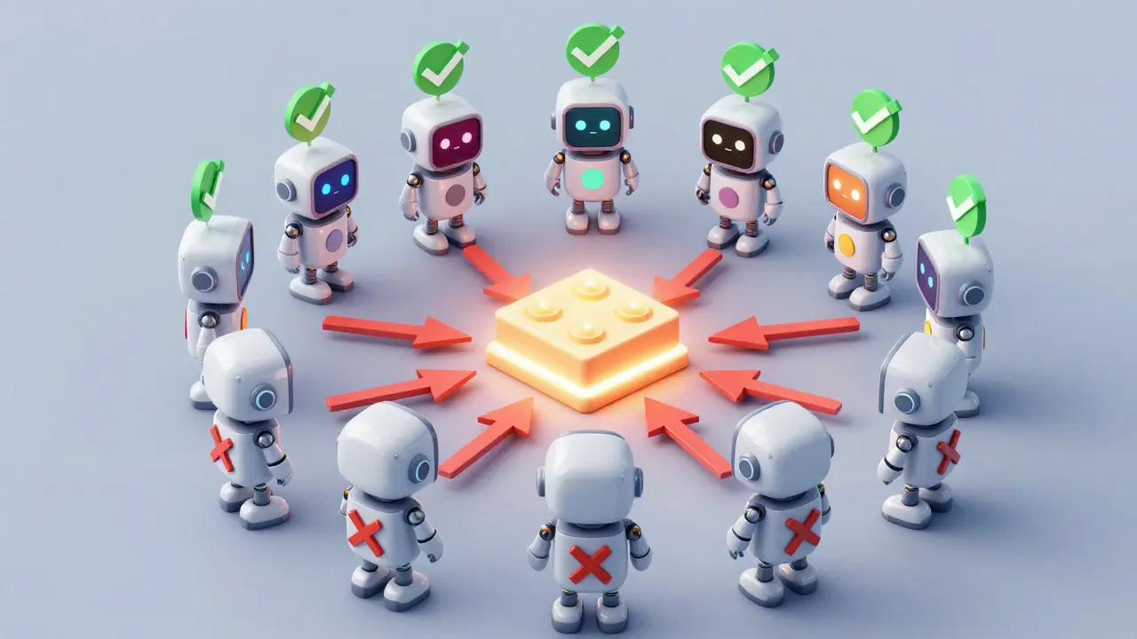 Cartoon robots voting in a circle to approve a central blockchain transaction block.
