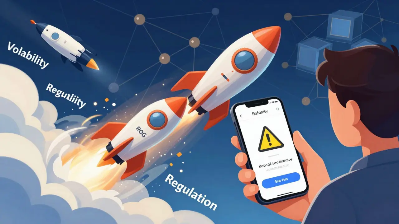 Cartoon rocket navigating volatility clouds with crypto risk warnings