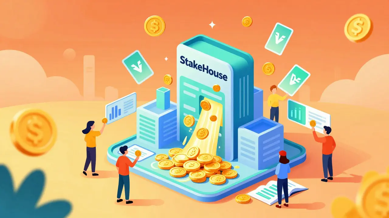 Cartoon scene of StakeHouse building emitting liquid gold coins and NFT cards
