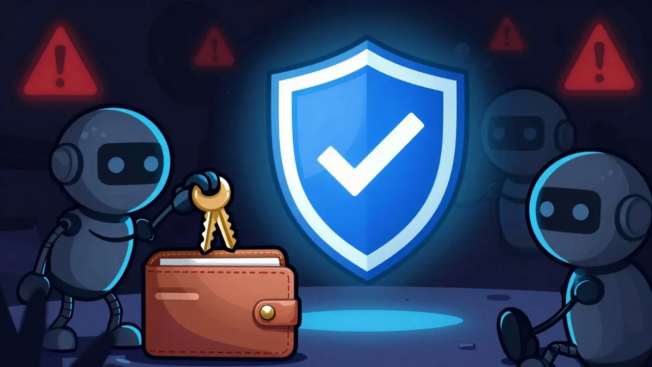 Cartoon shield protecting a wallet from shadowy robots stealing keys