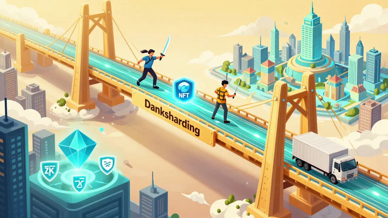 Cartoon showing Danksharding bridge enabling cheap gaming and NFTs