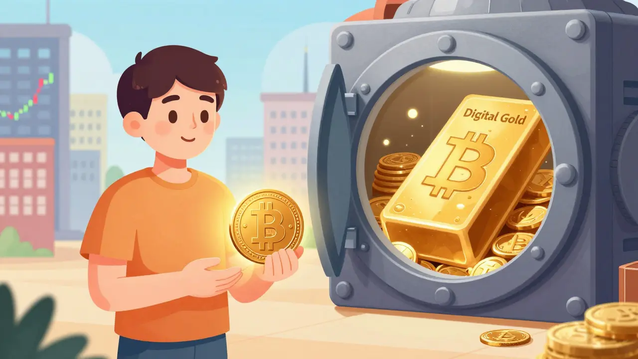 Cartoon showing digital gold vs stable coins for daily use