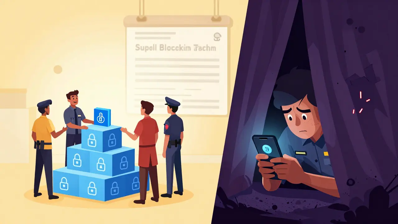 Cartoon showing government embracing blockchain while banning private crypto use.