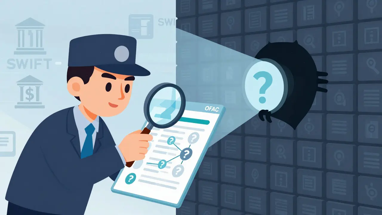 Cartoon showing investigators tracing crypto flows via blockchain