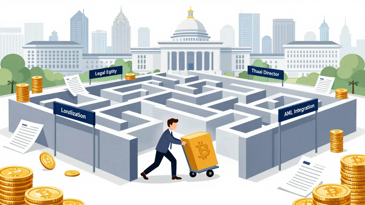 Cartoon showing the difficult compliance maze for foreign crypto platforms in Thailand.
