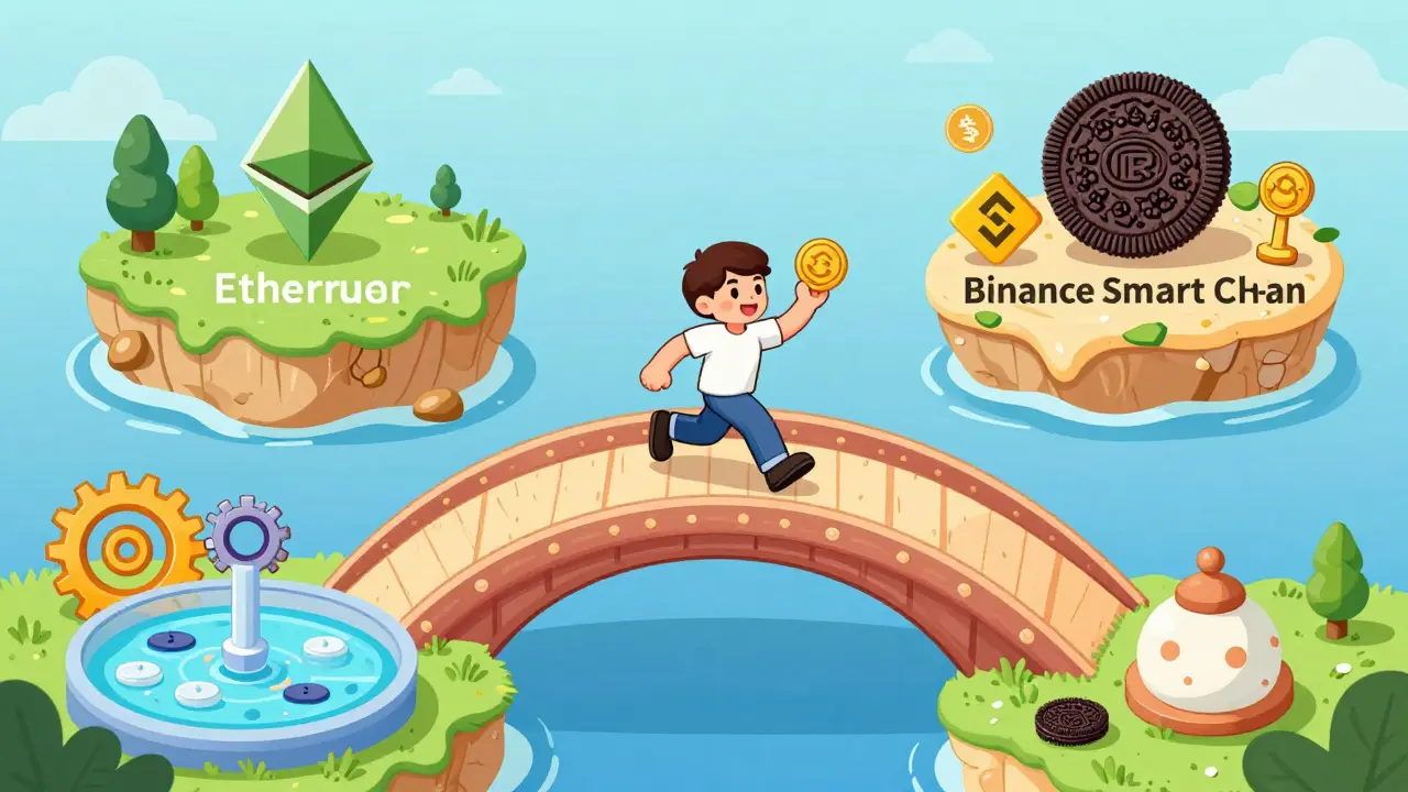 Cartoon user easily swapping tokens across a bridge between chains.