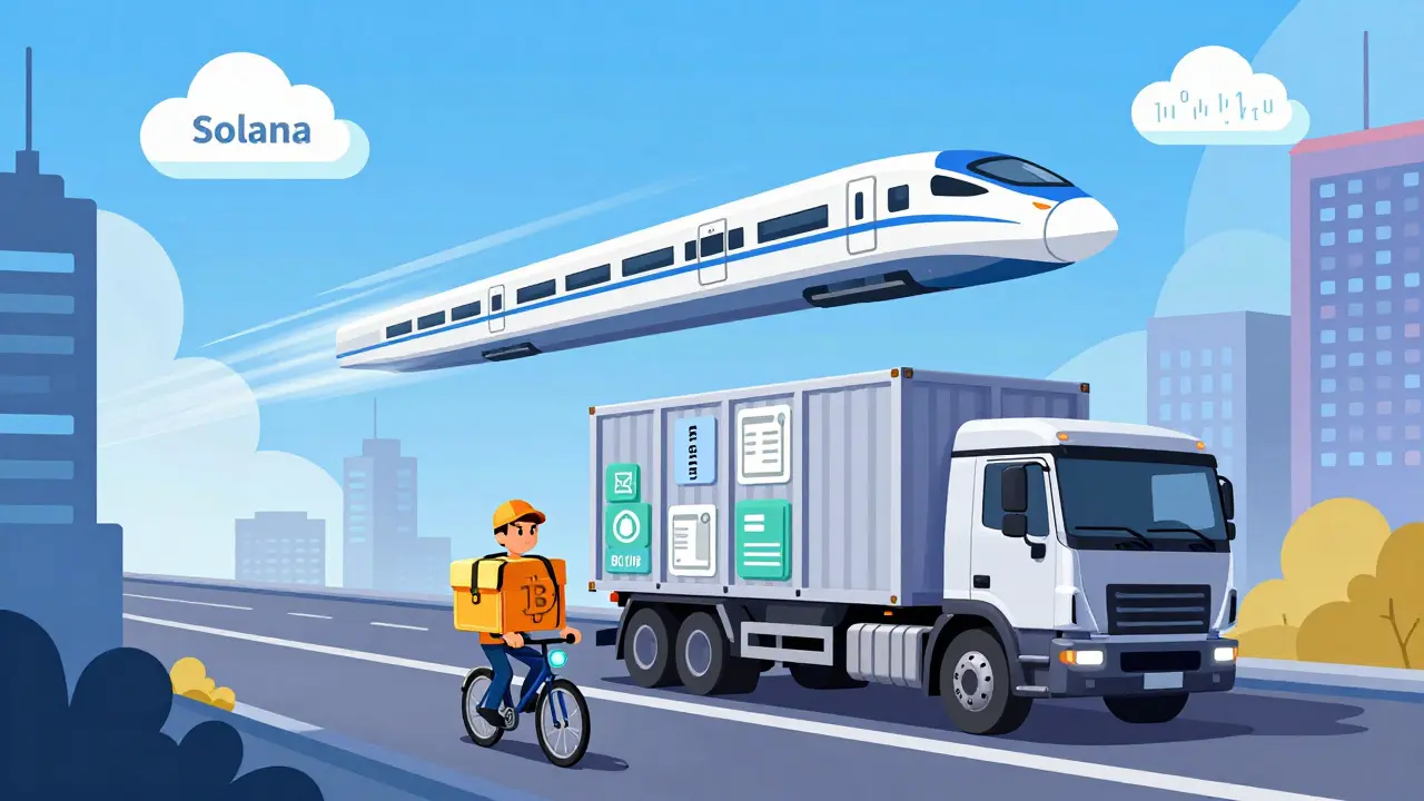 Cartoon vehicles representing Bitcoin, Ethereum, and Solana block headers