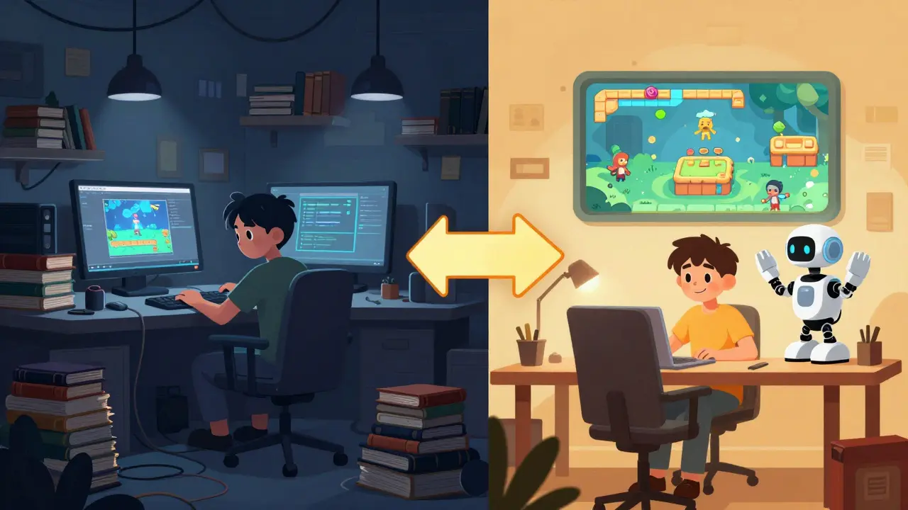 Comparison cartoon showing chaotic traditional coding vs. streamlined AI-assisted game development.