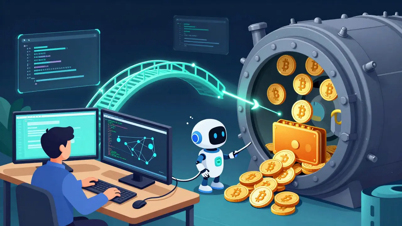 Developer connecting server to wallet via automated gateway in cartoon style