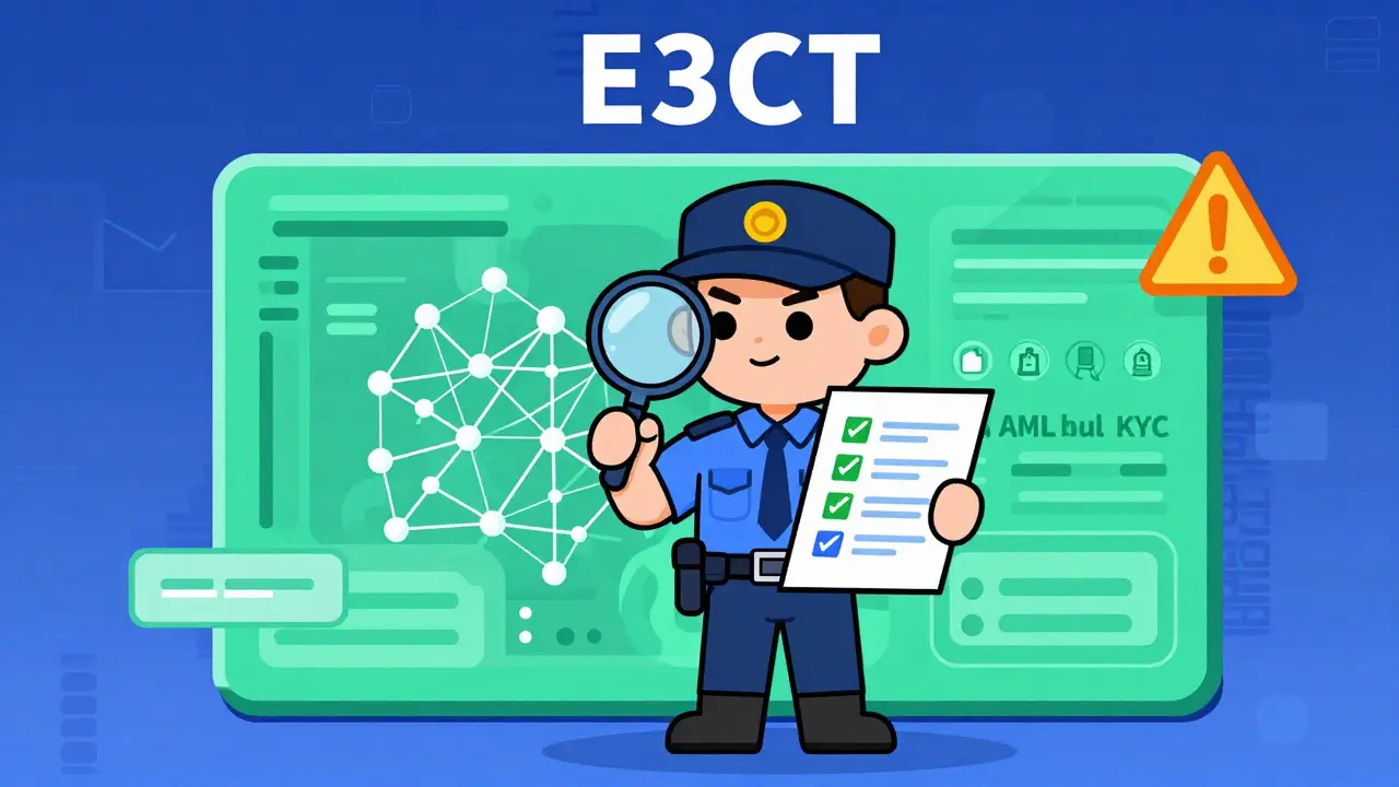 Digital security guard monitoring blockchain transactions for compliance.