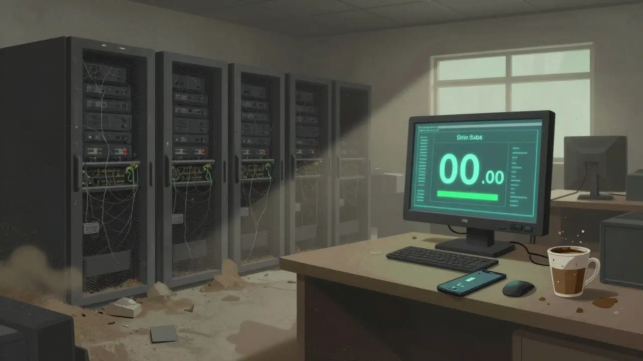 Dusty, abandoned server room with a forgotten phone, symbolizing project stagnation