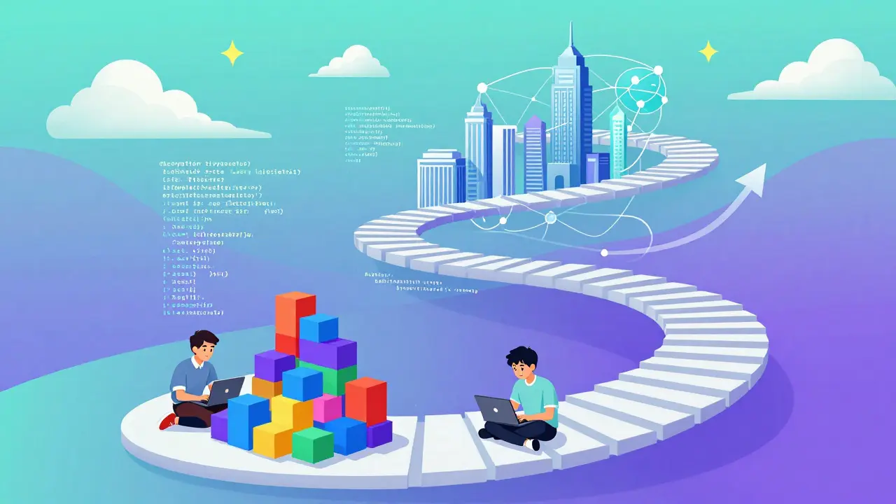 Futuristic cartoon showing Vietnam's crypto growth from developers to global institutions.