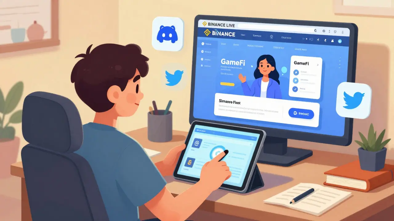 Gamer watching Binance Live stream while completing social media tasks