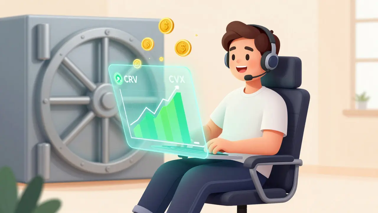Happy user earning passive rewards via cvxCRV with a glowing dashboard.