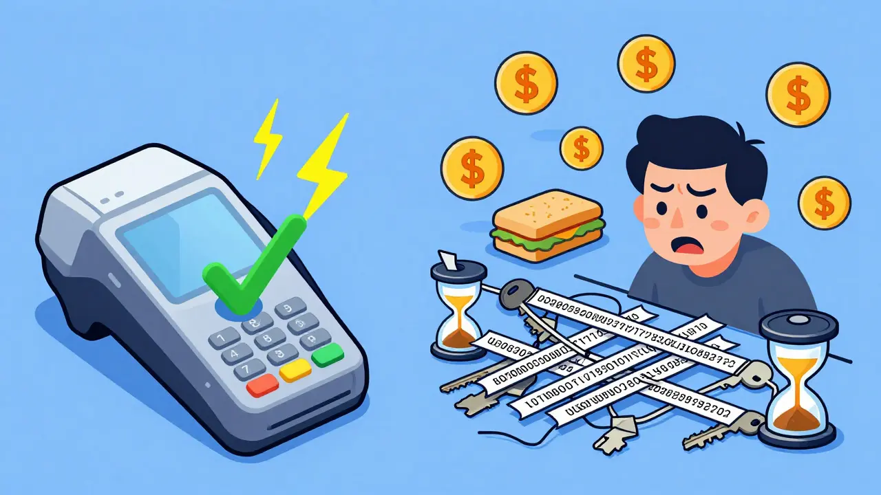 Illustration comparing fast card payments to slow crypto fees