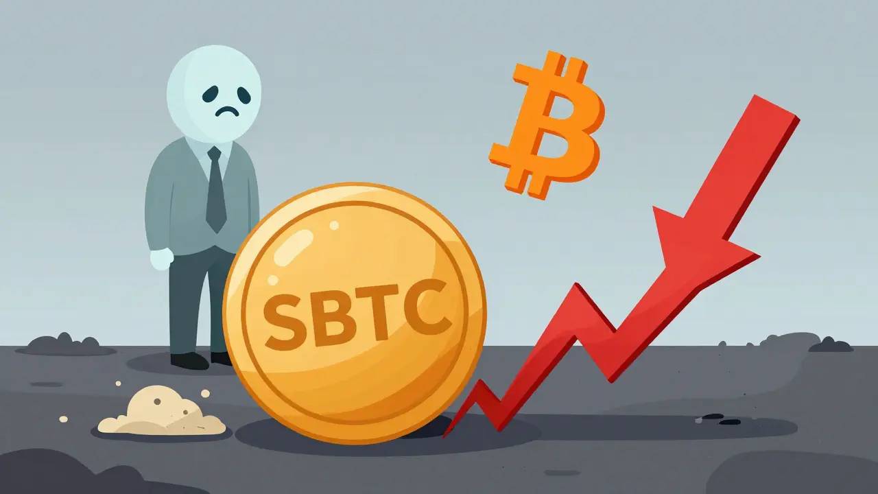 Illustration of a deflated SBTC coin balloon and a crashing price arrow