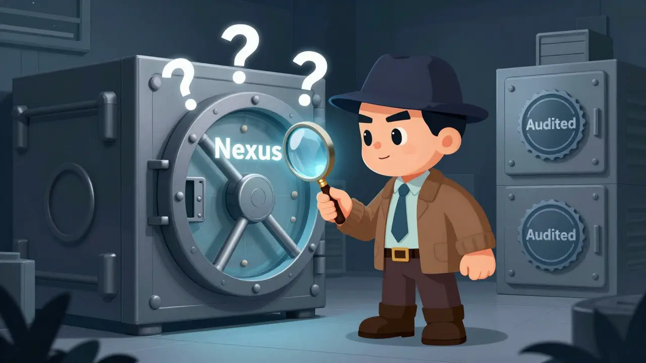 Illustration of a detective inspecting a digital vault with question marks about security.