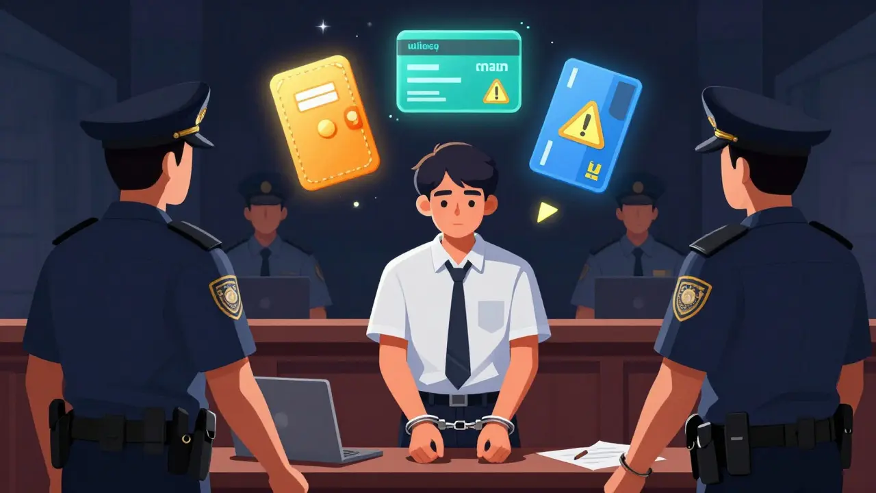 Illustration of a person being arrested for using mule accounts in crypto scams.