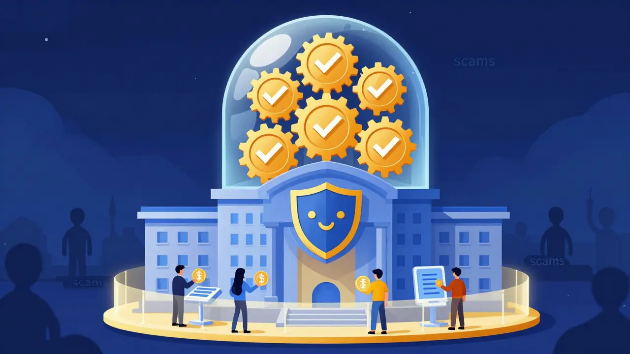 Illustration of regulated crypto trading under a protective government shield structure.