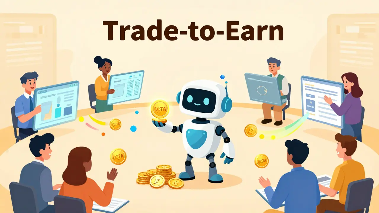 Illustration showing traders receiving DGTA tokens as rewards for trading