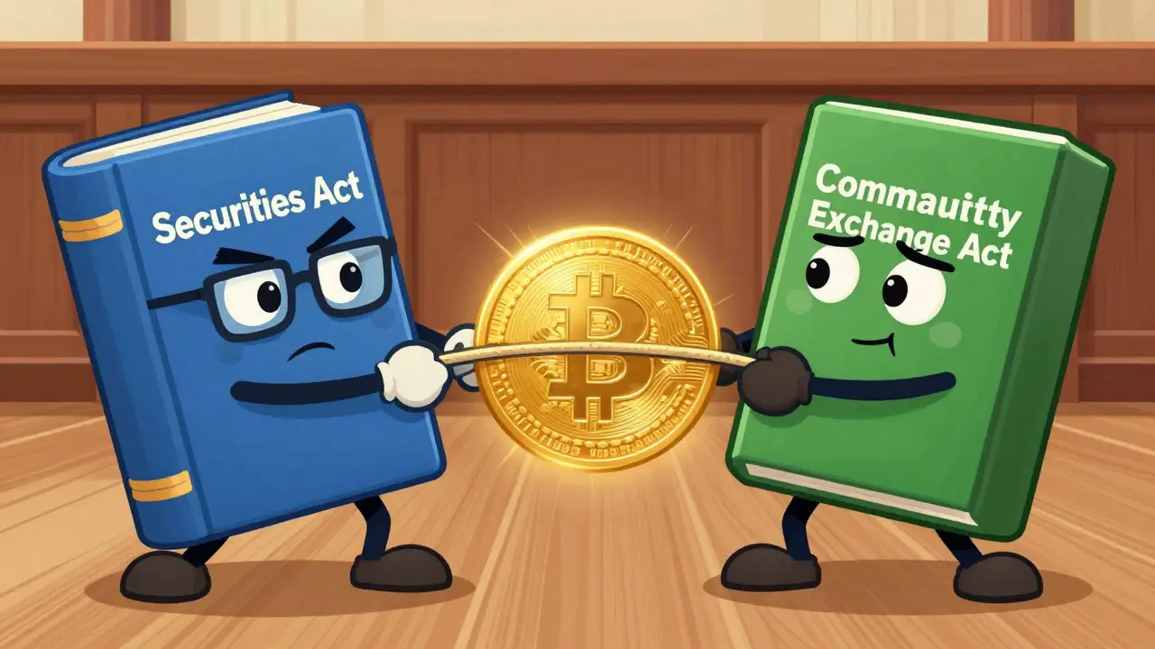 Legal books pulling a crypto token in a tug-of-war battle