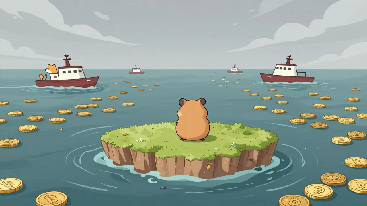 Lonely hamster on island watching other coins sail