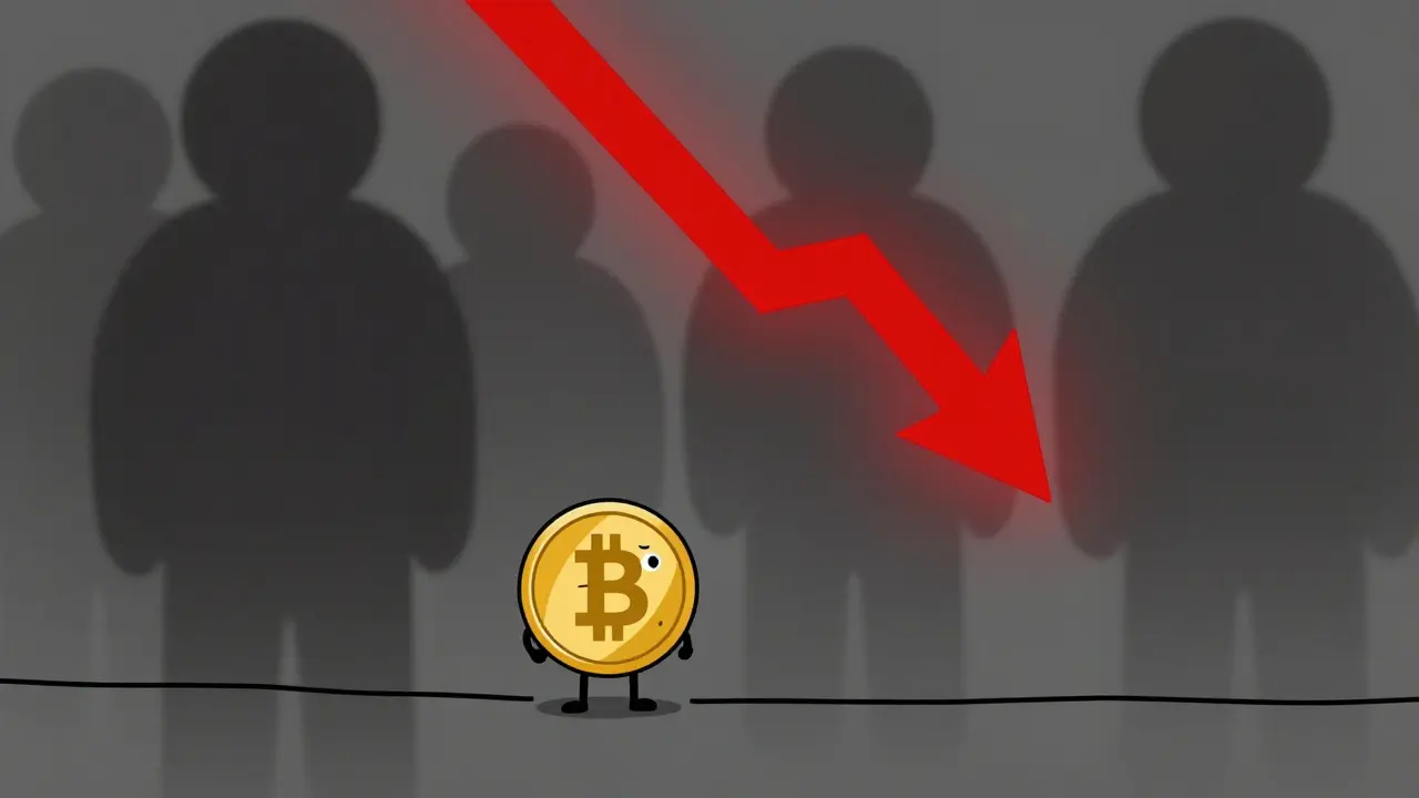 Small crypto coin facing large rivals and a downward trend arrow, showing risk.