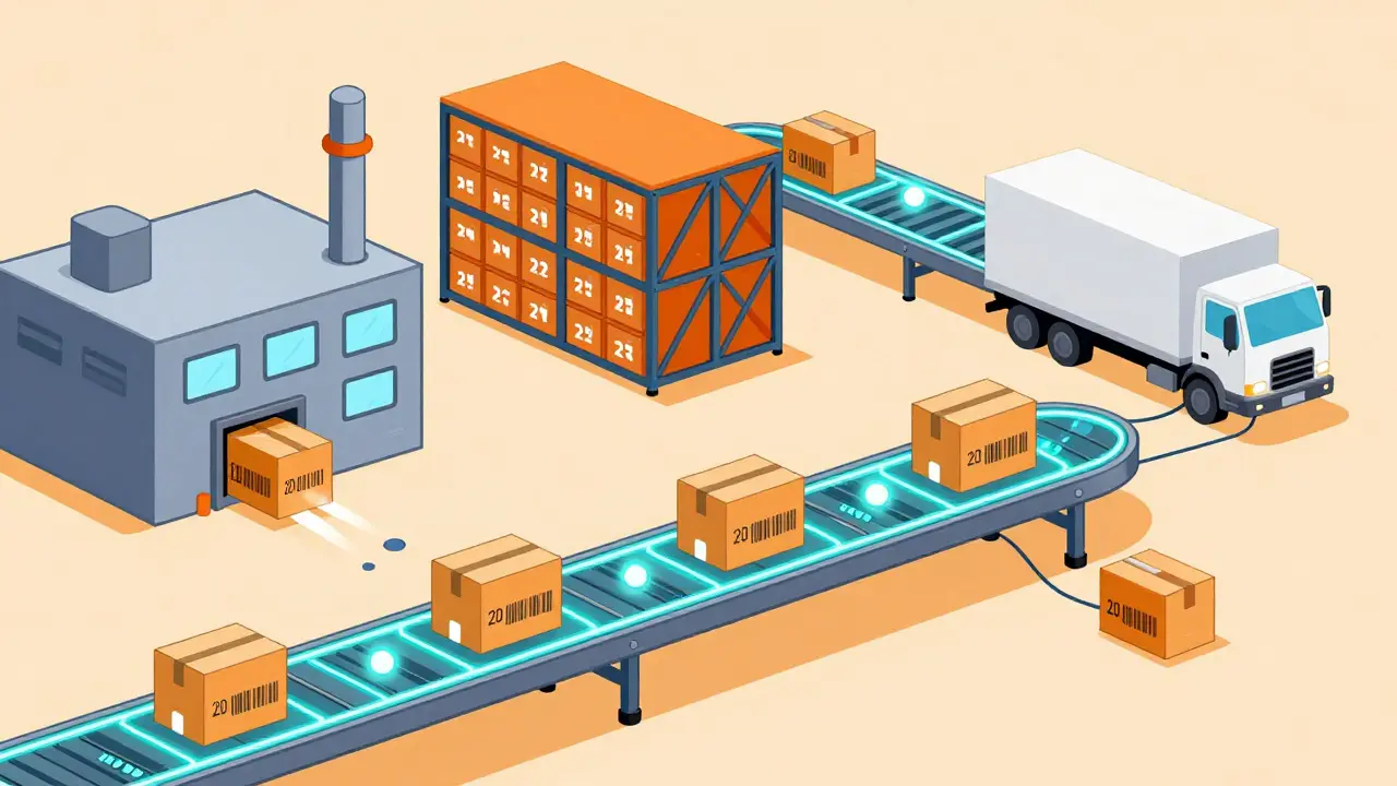 Stylized supply chain showing drugs moving along a digital blockchain ledger