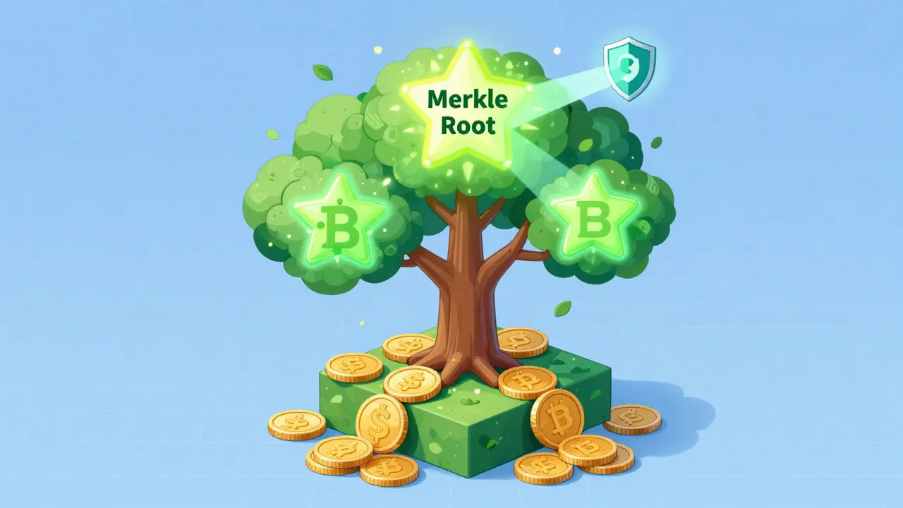 Whimsical Merkle tree linking transactions to a block header shield
