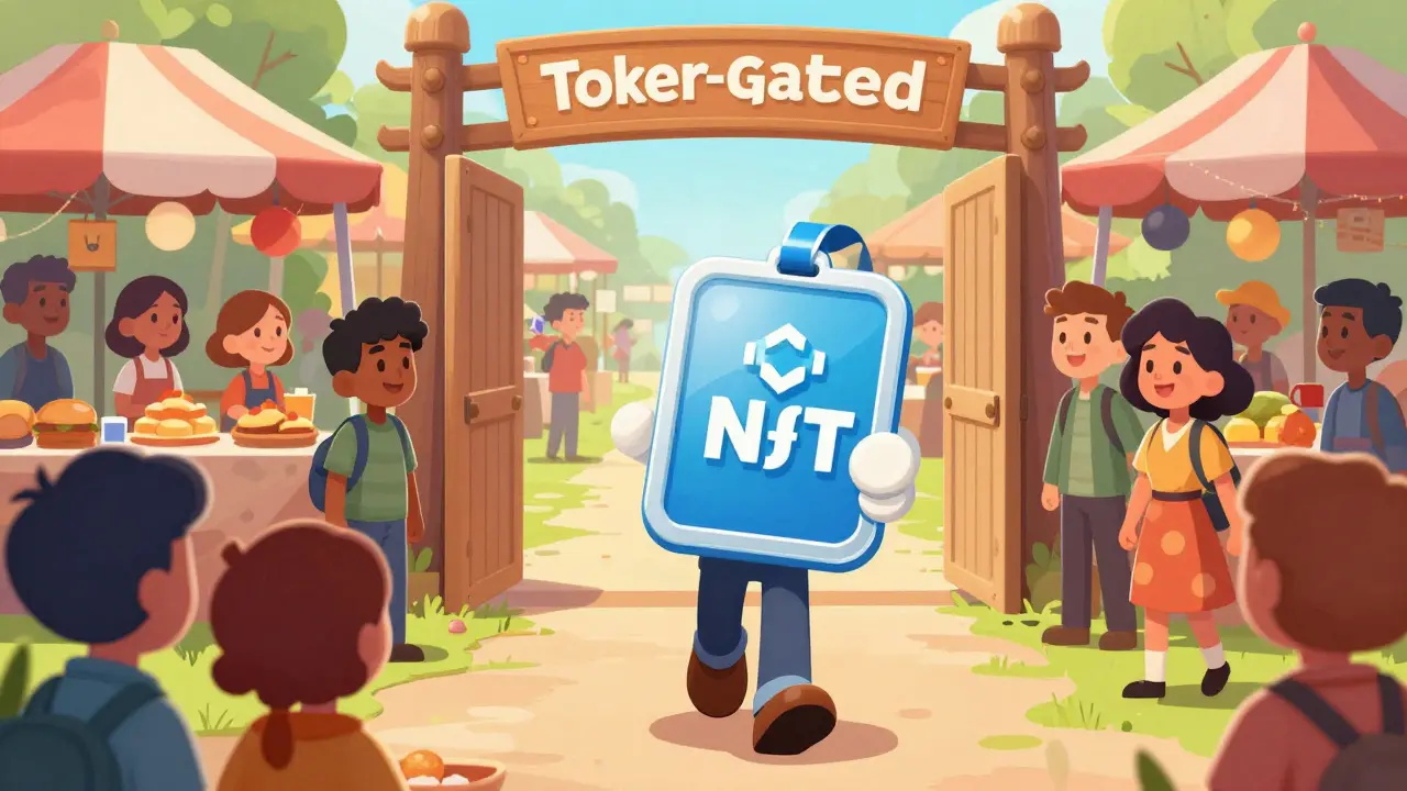 A character using an NFT badge as a key to enter a vibrant digital marketplace.