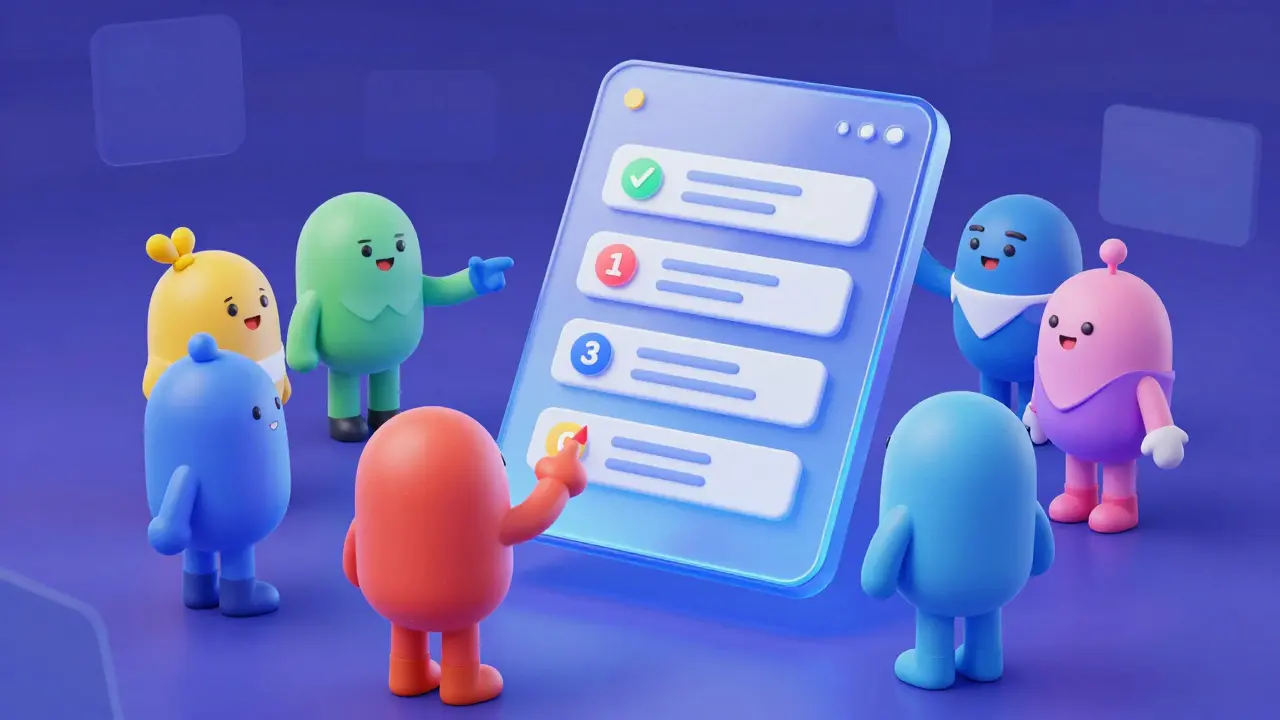 Cartoon avatars collaborating to vote on proposals via a floating interface.