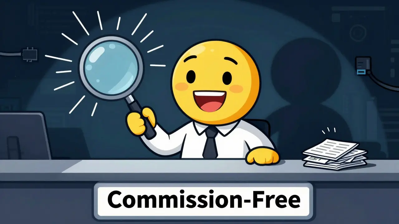 Cartoon character hiding hidden fees and data sales behind a commission-free promise.