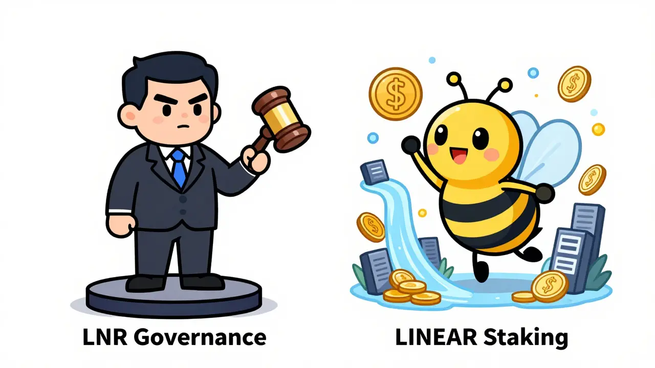 Cartoon comparing LNR governance token vs LINEAR staking token
