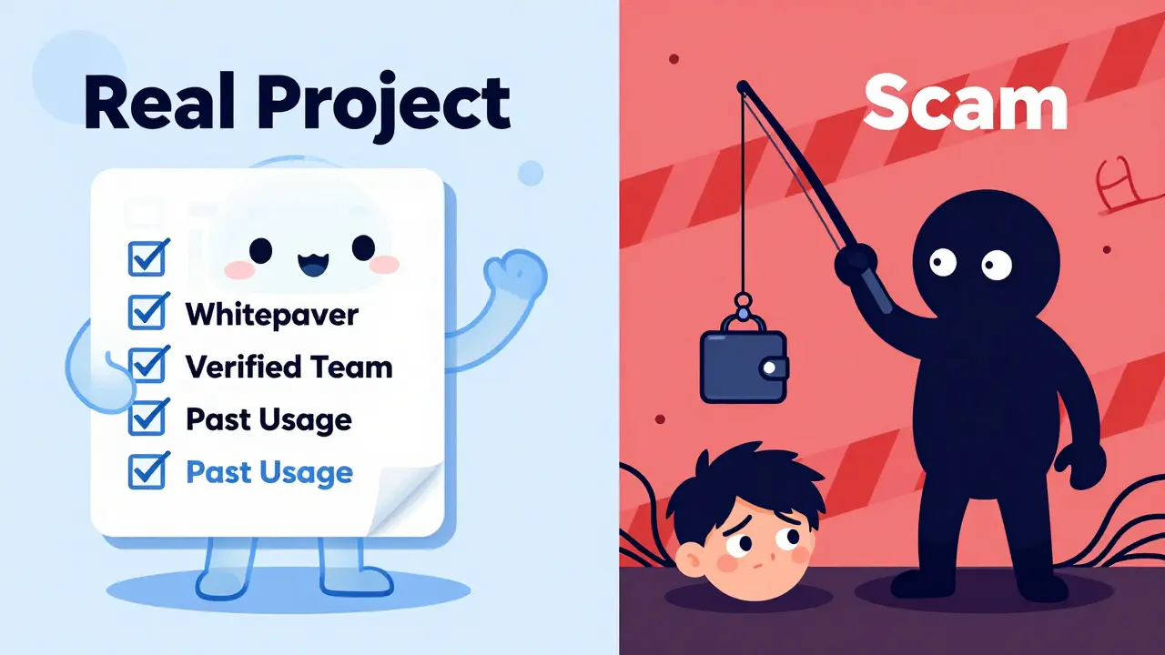 Cartoon comparison showing a legitimate project versus a scammer fishing for wallets