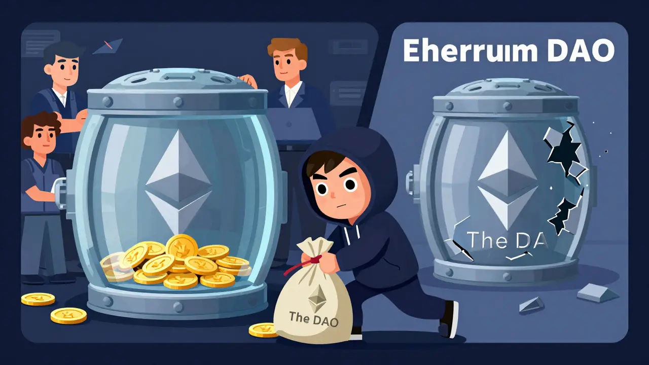 Cartoon hacker stealing from a DAO vault with a split-screen background