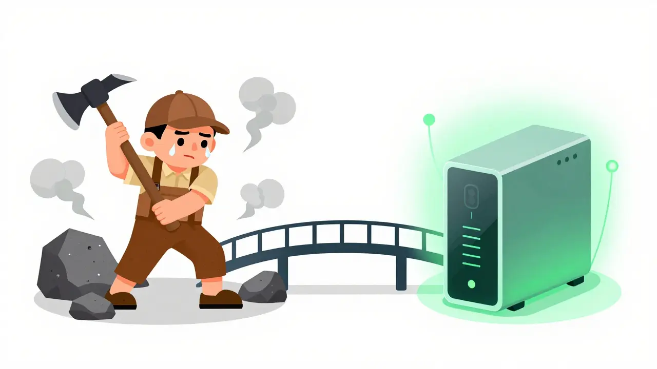 Cartoon miner transitioning to a glowing validator node for The Merge