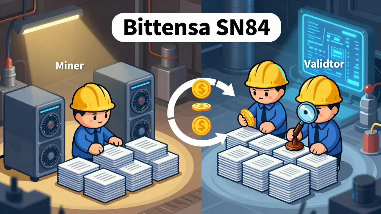 Cartoon miners and validators processing documents in a digital factory