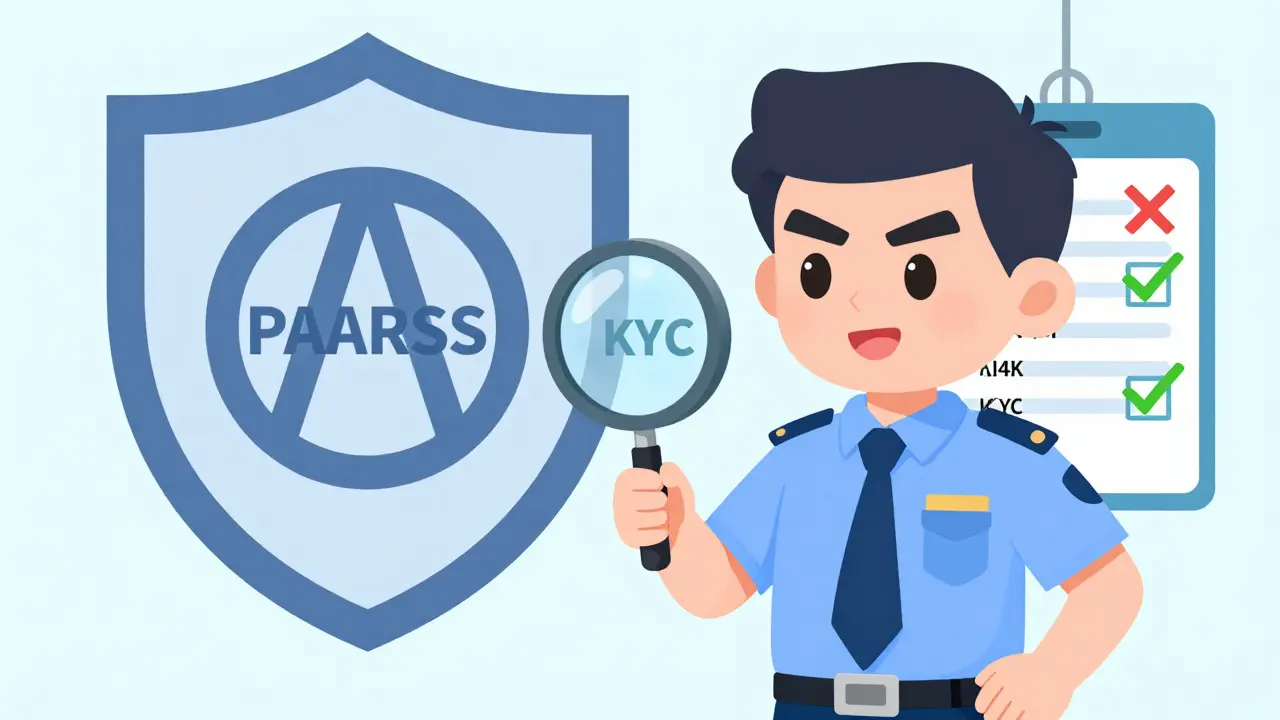 Cartoon of compliance officer checking IDs under new PAARSS targeted sanctions regime