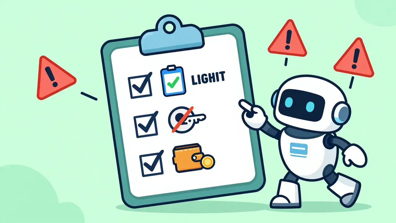 Cartoon robot checking security list for safe crypto airdrop claims