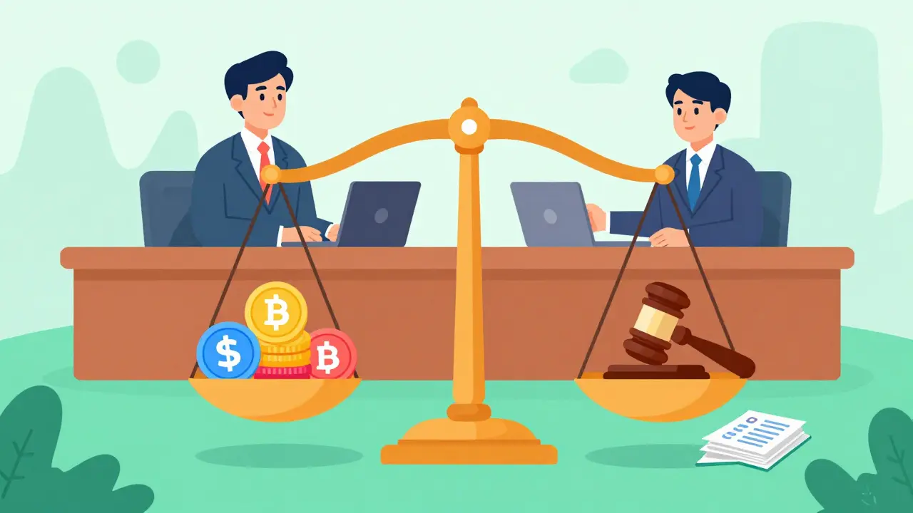 Cartoon showing balanced scales of justice for regulated crypto markets