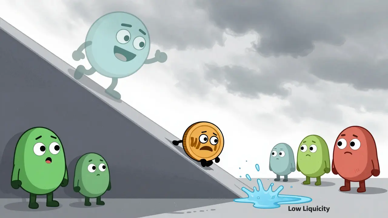 Cartoon WAG token sliding down a hill representing price drop and low liquidity