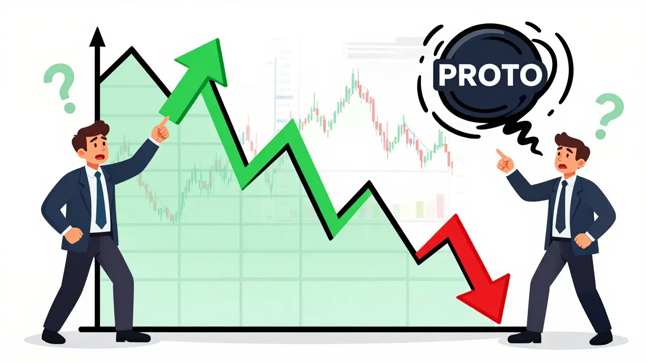 Chaotic cartoon chart showing volatile token price swings