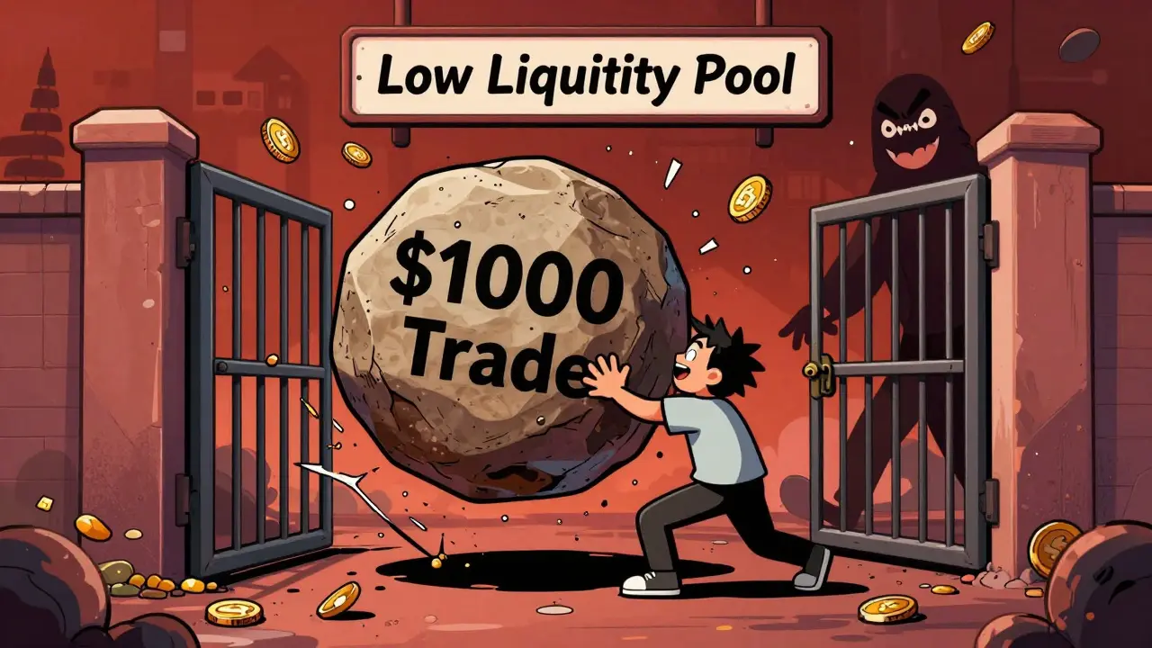 Character struggling with low liquidity causing high slippage in trade