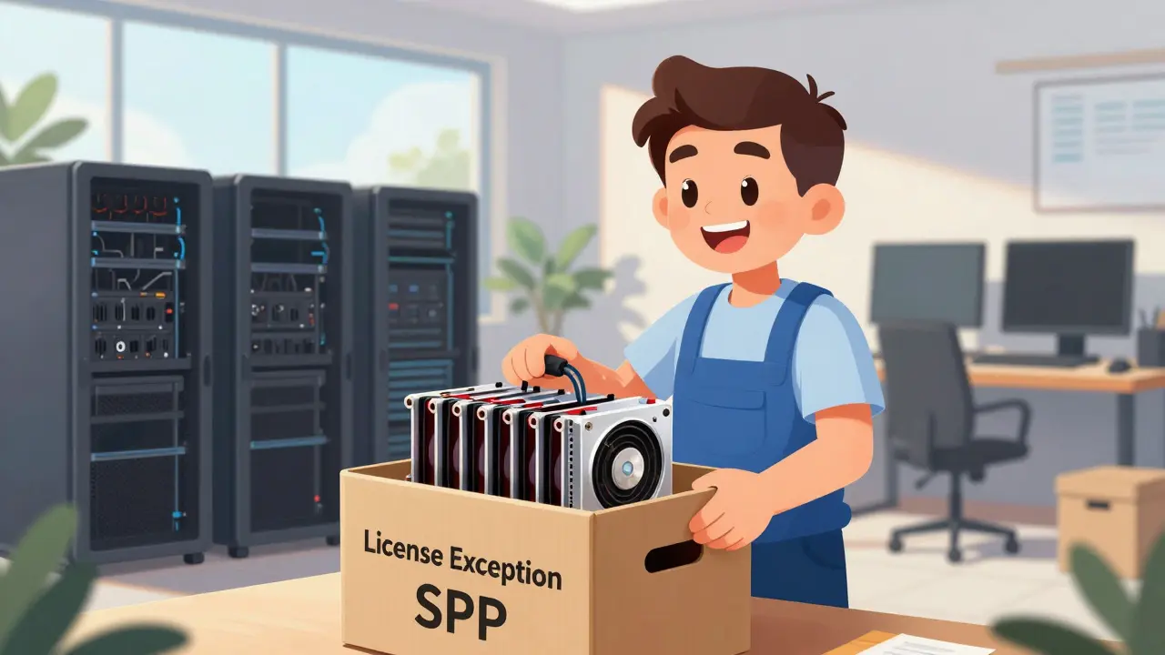Cheerful technician setting up crypto mining hardware allowed by new export exceptions