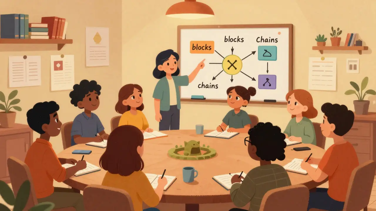 Community members attending a crypto education workshop in a warm room
