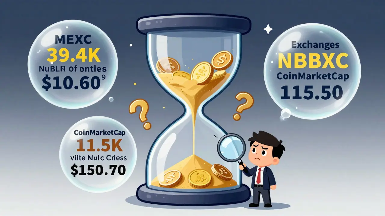 Confused trader looking at conflicting crypto exchange data bubbles