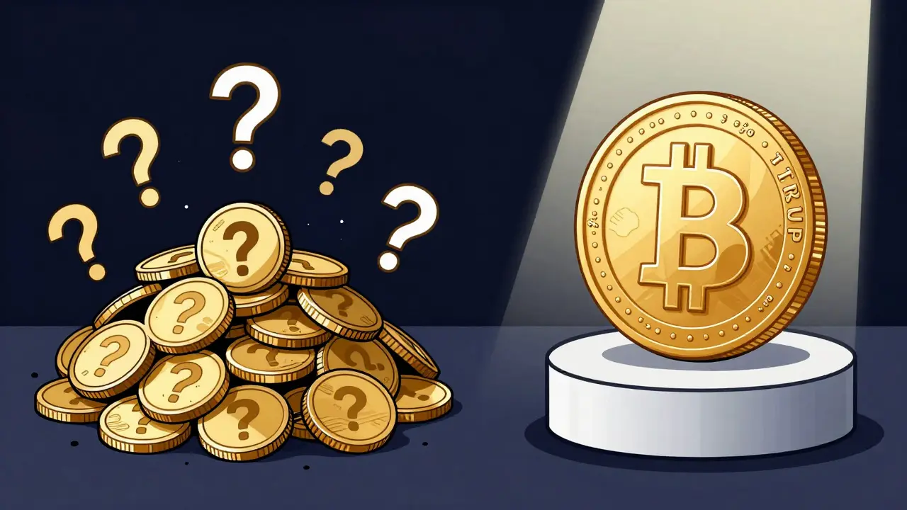 Contrast between messy anonymous coins and sleek official token