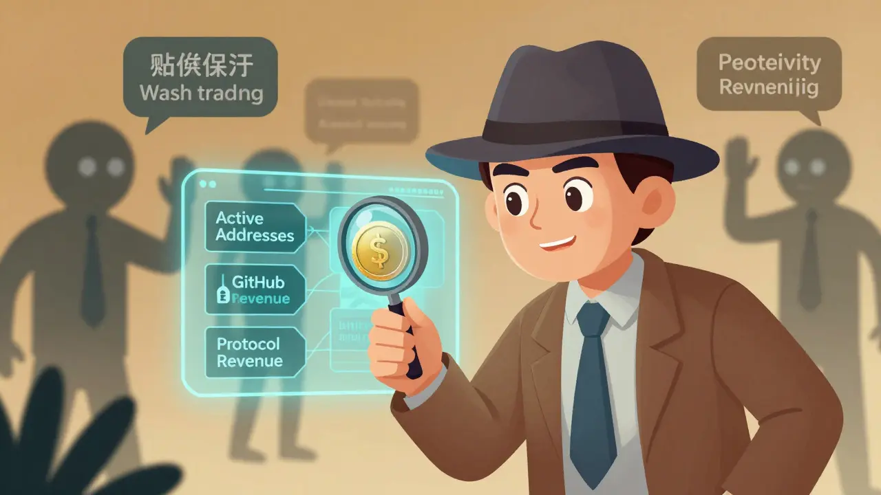 Detective analyzing crypto metrics, spotting fake volume and verifying real utility.